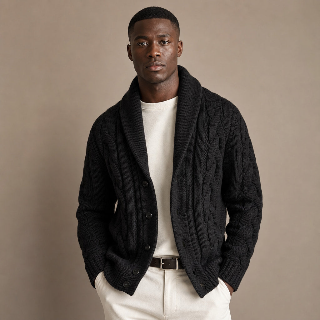 Cable Knit Cardigan Shawl Collar in Black – Tomosino Premium Menswear