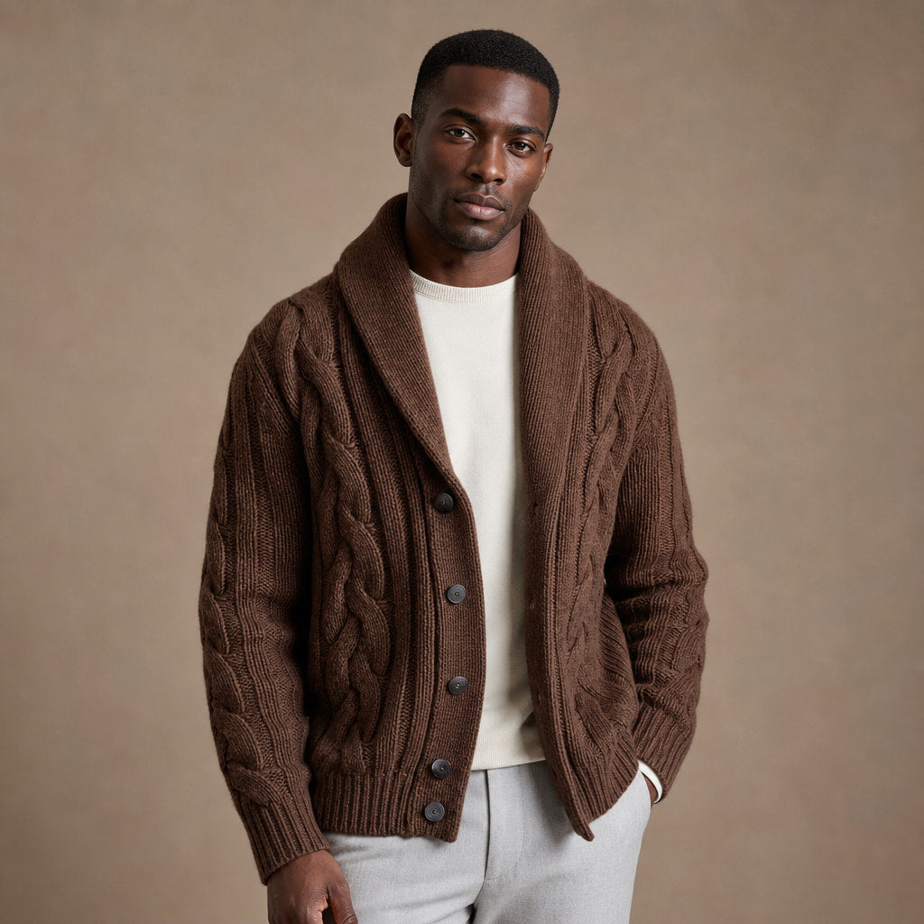 Cable Knit Cardigan Shawl Collar Brown – Product Photo