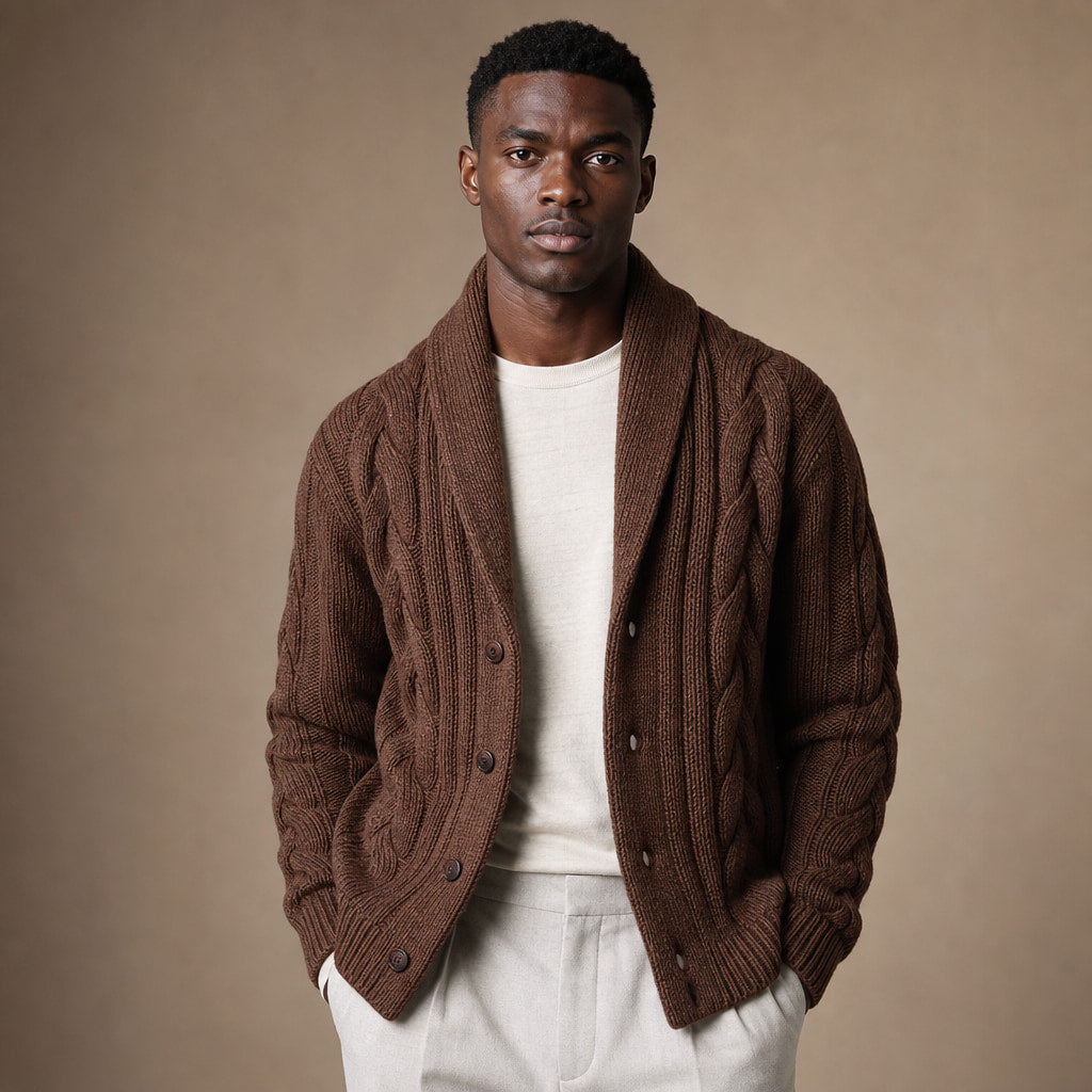 Cable Knit Cardigan Shawl Collar in Brown – Tomosino Premium Menswear