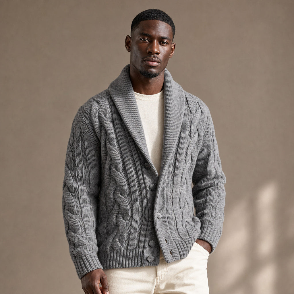 Cable Knit Cardigan Shawl Collar Grey – Product Photo