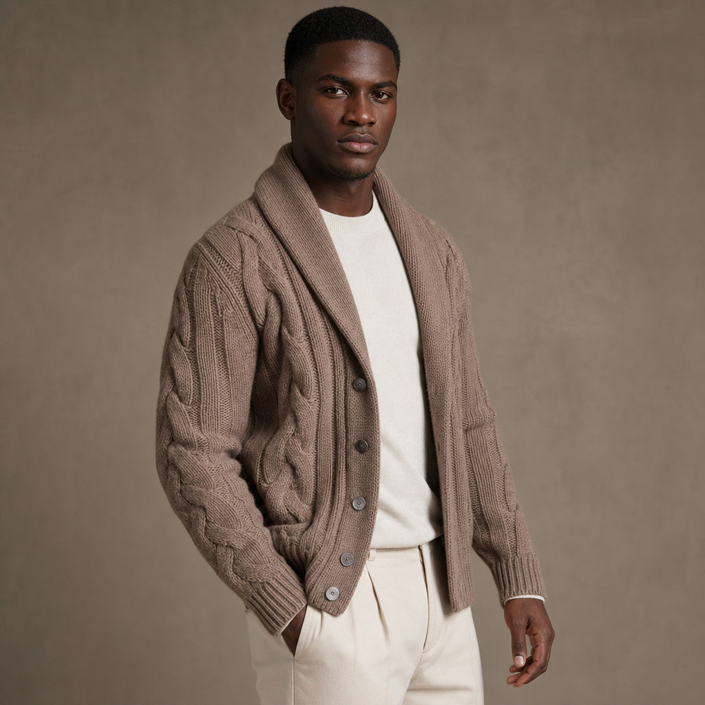 Cable Knit Cardigan Shawl Collar Khaki – Side Angle View