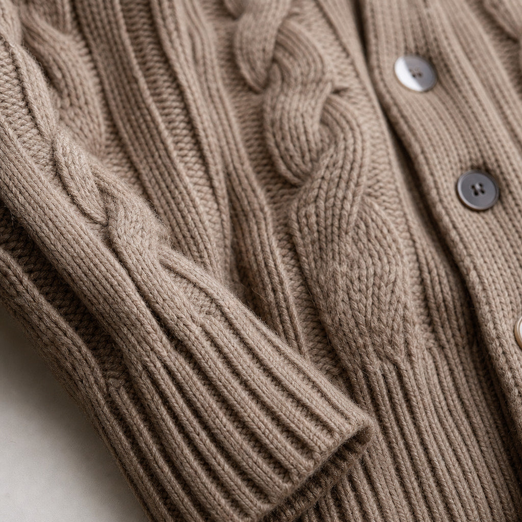 Cable Knit Cardigan Shawl Collar Khaki – Fabric and Detail Close-Up