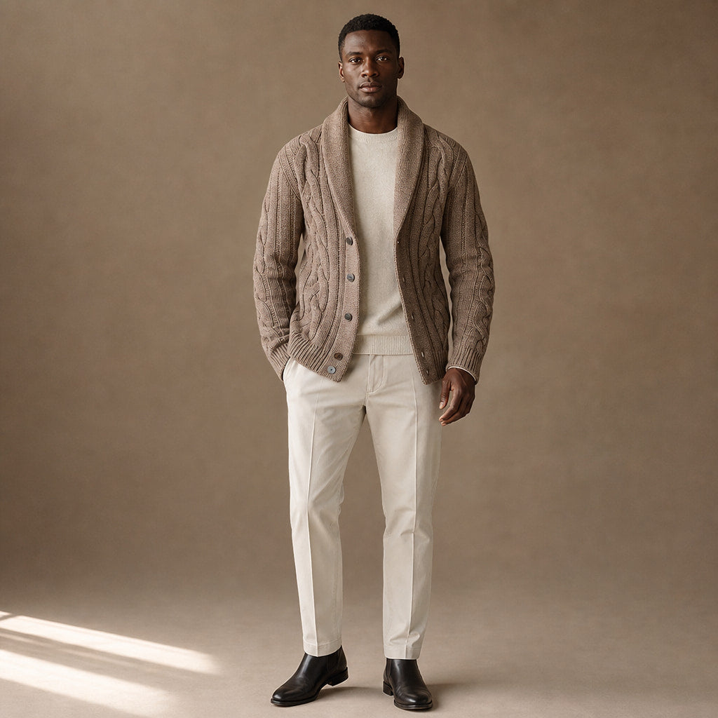 Cable Knit Cardigan Shawl Collar Khaki – Full Look