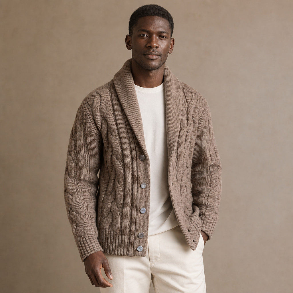 Cable Knit Cardigan Shawl Collar Khaki – Product Photo