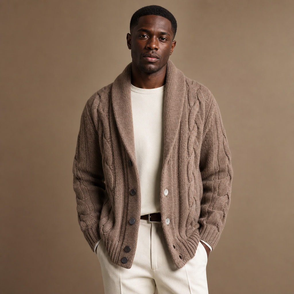 Cable Knit Cardigan Shawl Collar in Khaki – Tomosino Premium Menswear