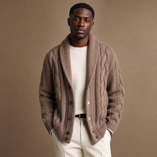 Cable Knit Cardigan Shawl Collar in Khaki – Tomosino Premium Menswear