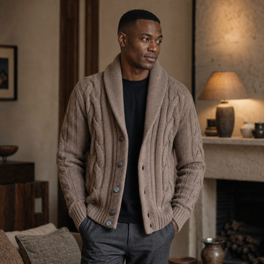 Cable Knit Cardigan Shawl Collar Khaki – Styled Editorial Shot