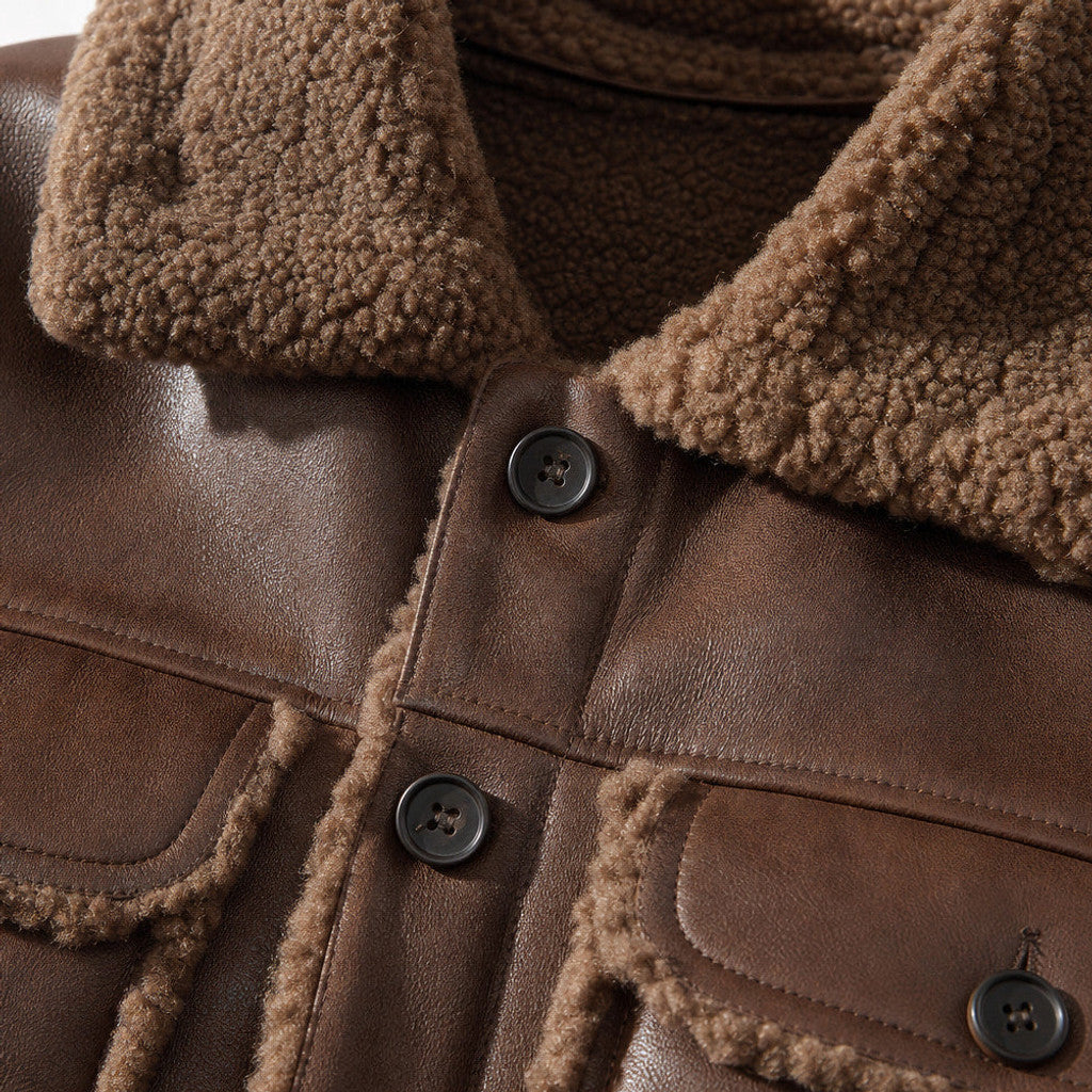 Ballard | Fleece Lined Jacket Vegan Leather Brown – Fabric and Detail Close-Up