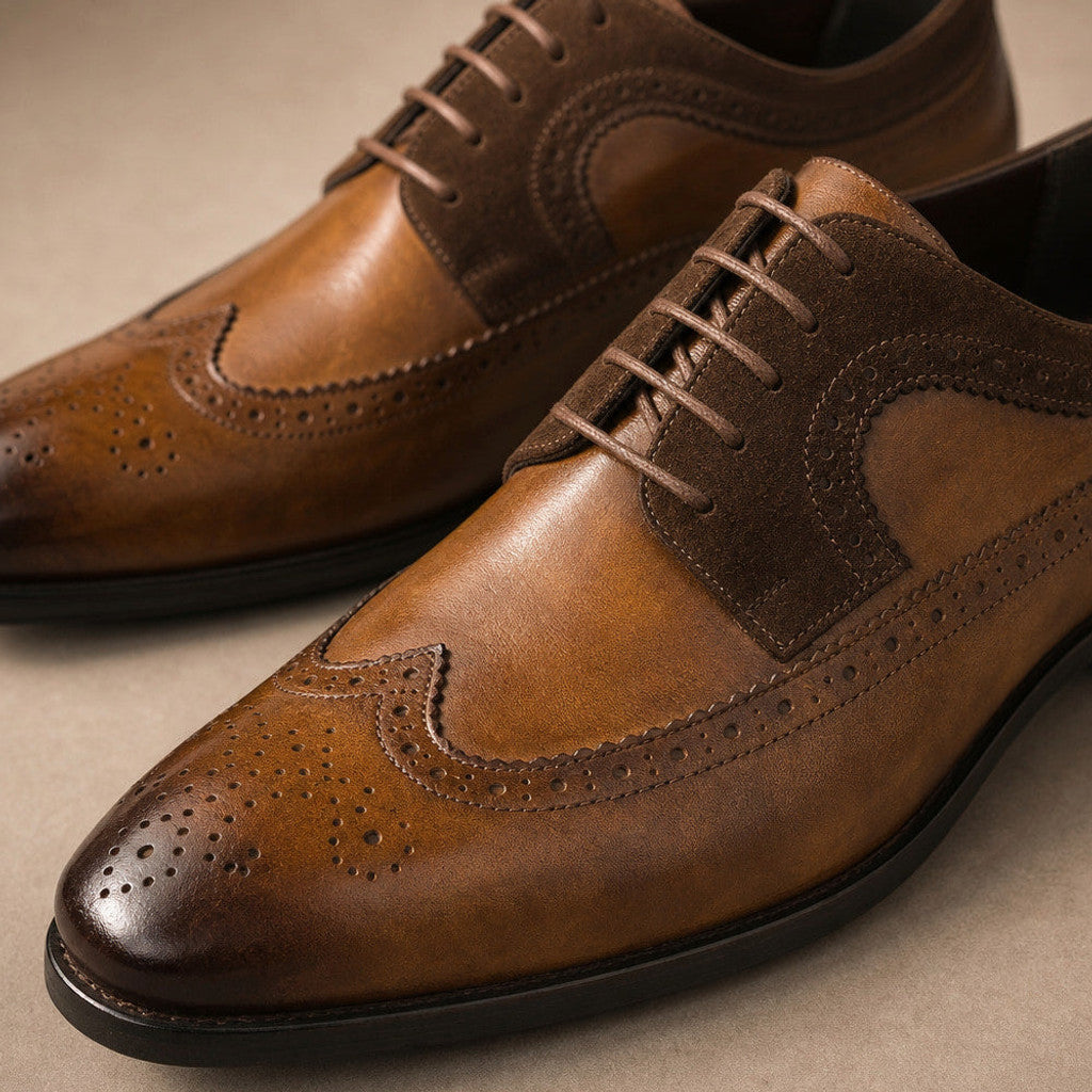 Balron | Oxford Shoes Wingtip Brogue Brown – Fabric and Detail Close-Up