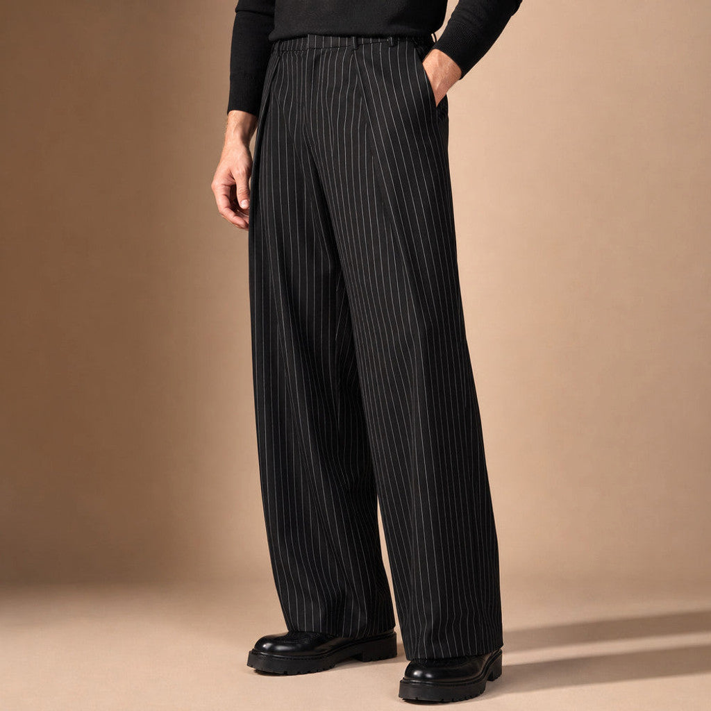 Balvor | Pinstripe Trousers Wide Leg Black Black – Side Angle View