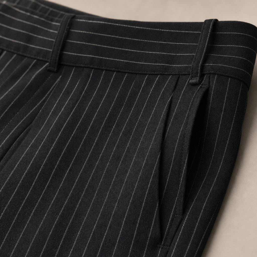 Balvor | Pinstripe Trousers Wide Leg Black Black – Fabric and Detail Close-Up