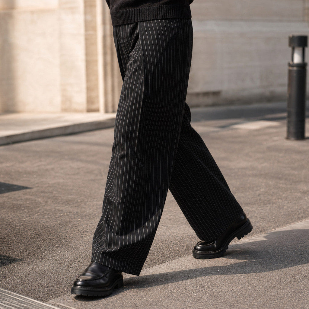 Balvor | Pinstripe Trousers Wide Leg Black Black – Styled Editorial Shot