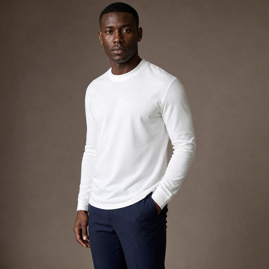 Barex | Crew Neck T-Shirt Combed Cotton White – Side Angle View