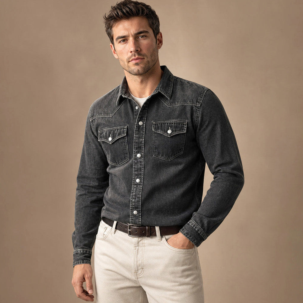 Barkon | Western Shirt Pearl Snap Washed Finish Black – Side Angle View