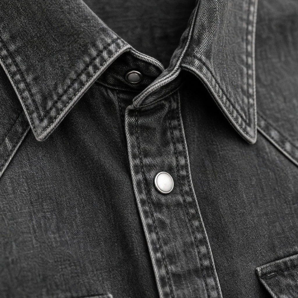 Barkon | Western Shirt Pearl Snap Washed Finish Black – Fabric and Detail Close-Up