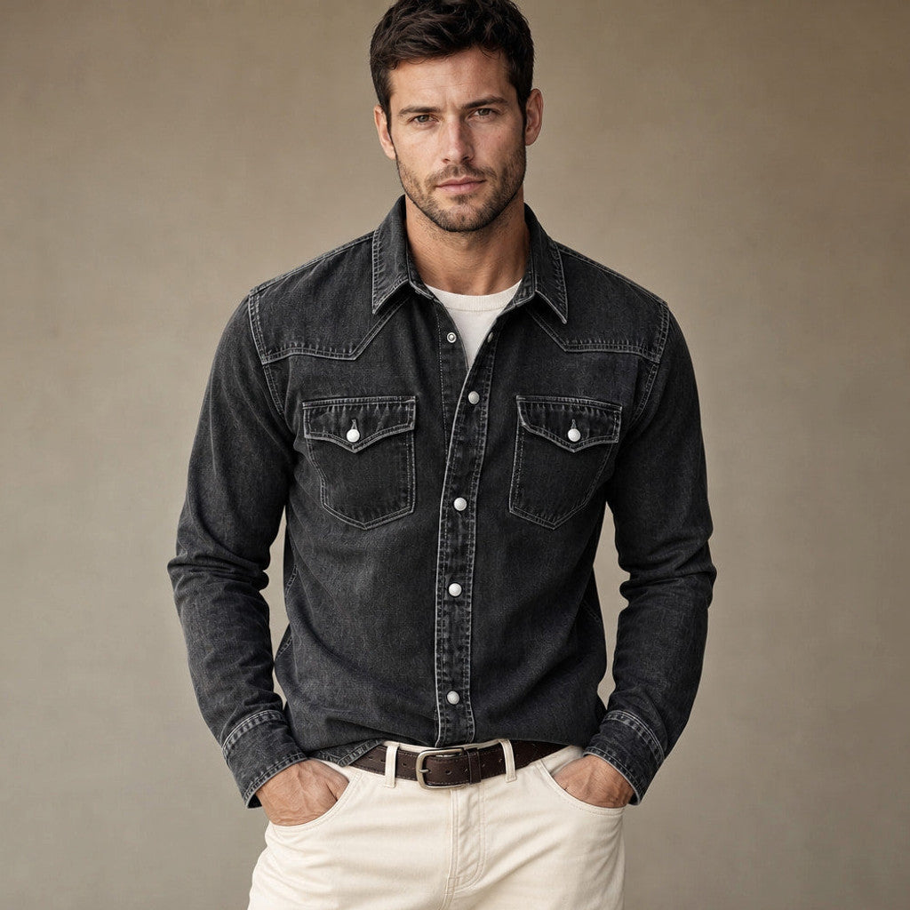Barkon | Western Shirt Pearl Snap Washed Finish Black – Product Photo
