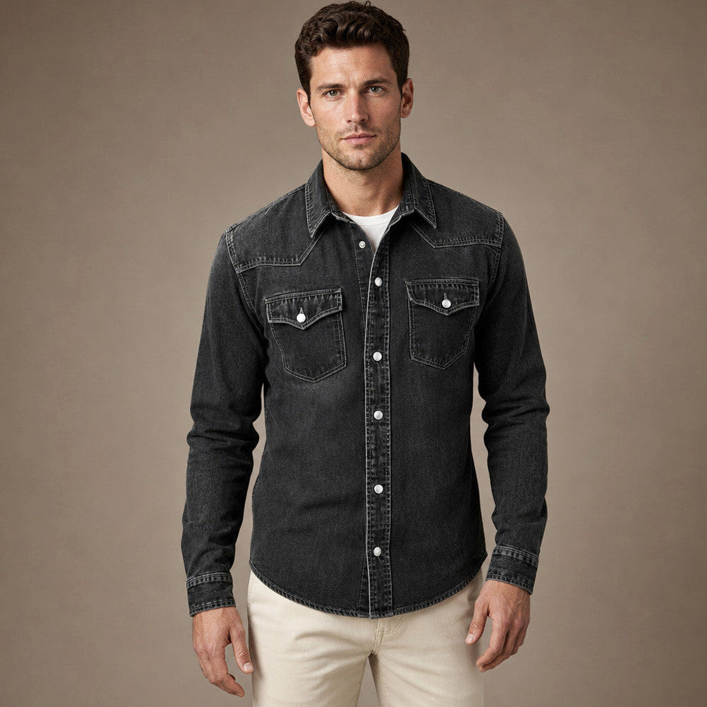 Barkon | Western Shirt Pearl Snap Washed Finish in Black – Premium Editorial