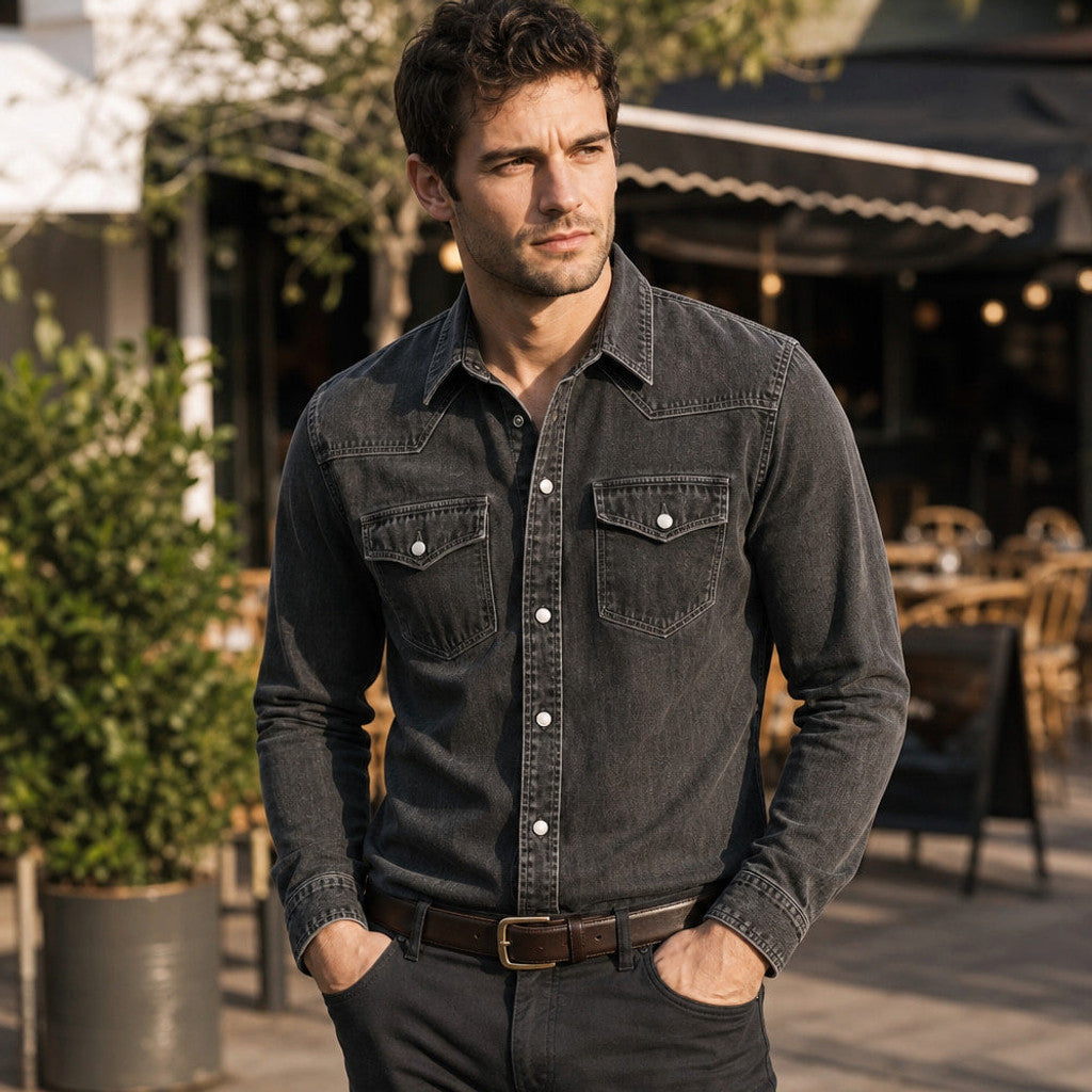 Barkon | Western Shirt Pearl Snap Washed Finish Black – Styled Editorial Shot