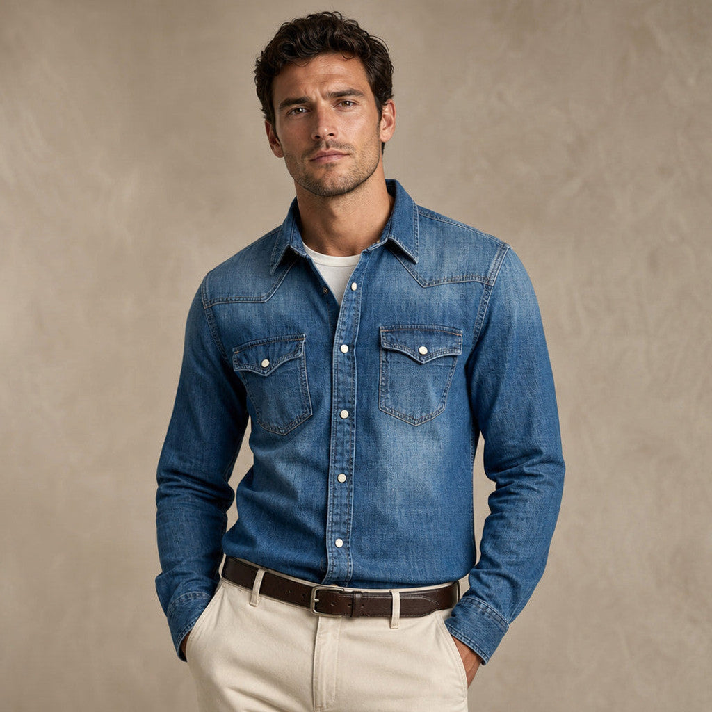 Barkon | Western Shirt Pearl Snap Washed Finish Blue – Product Photo