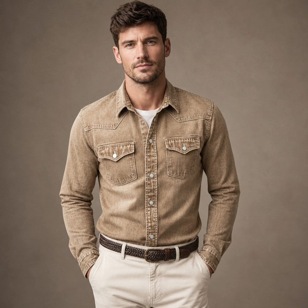 Barkon | Western Shirt Pearl Snap Washed Finish Brown – Product Photo