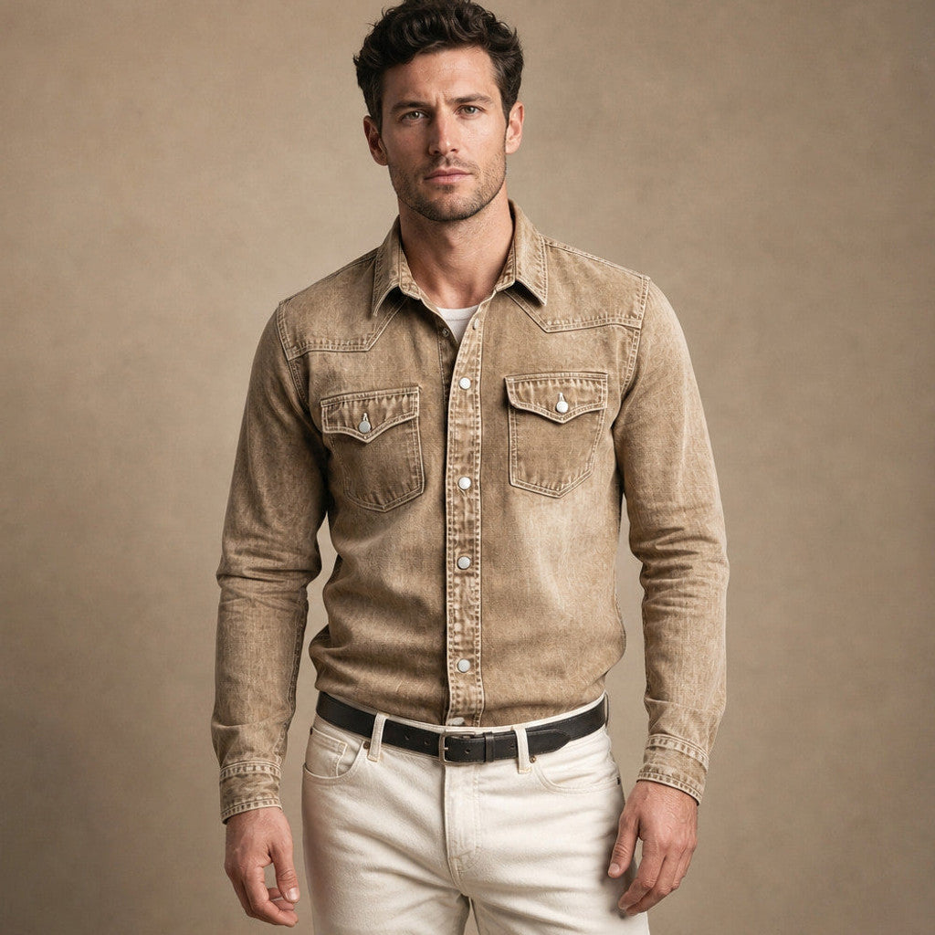 Barkon | Western Shirt Pearl Snap Washed Finish in Brown – Premium Editorial