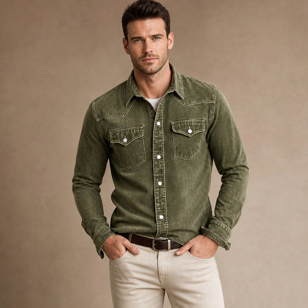 Barkon | Western Shirt Pearl Snap Washed Finish Green – Product Photo