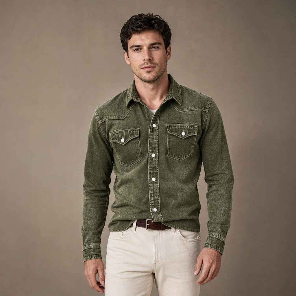 Barkon | Western Shirt Pearl Snap Washed Finish in Green – Premium Editorial