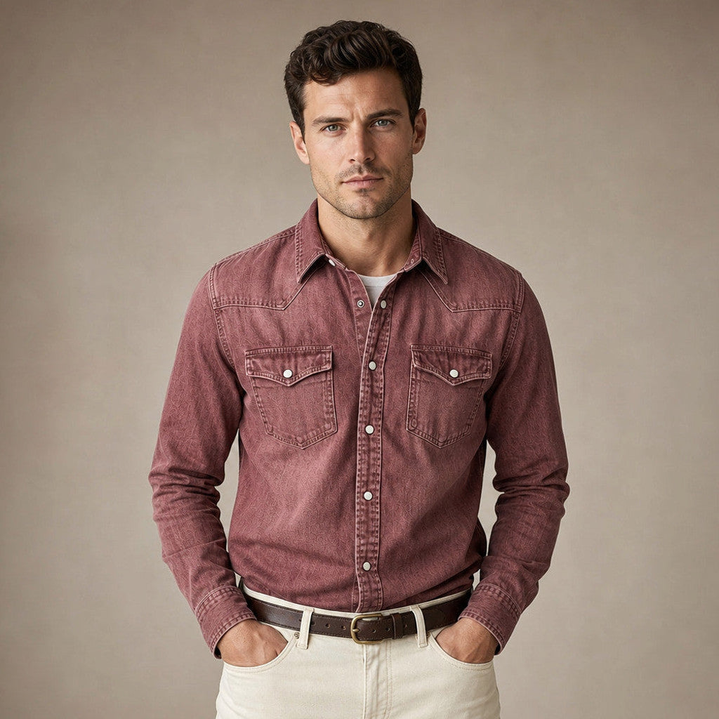 Barkon | Western Shirt Pearl Snap Washed Finish Red – Product Photo