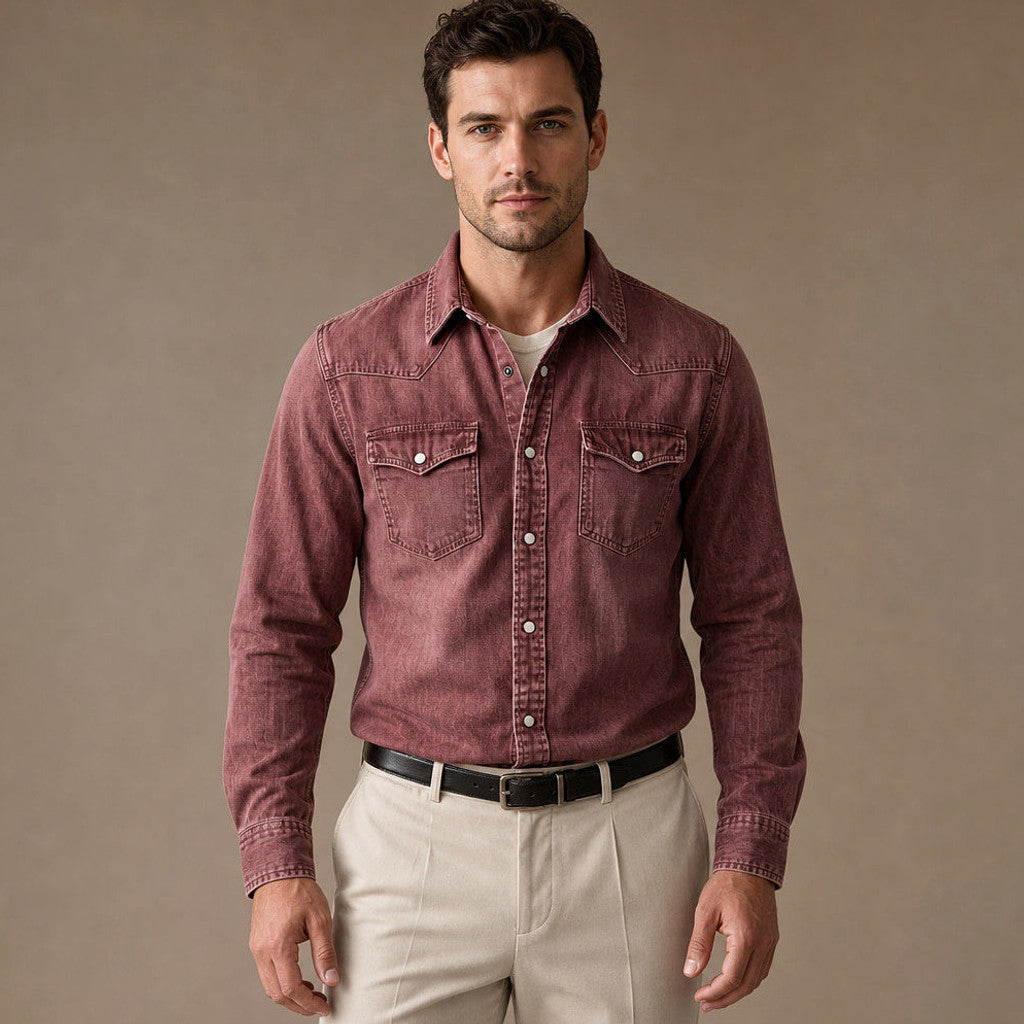 Barkon | Western Shirt Pearl Snap Washed Finish in Red – Premium Editorial