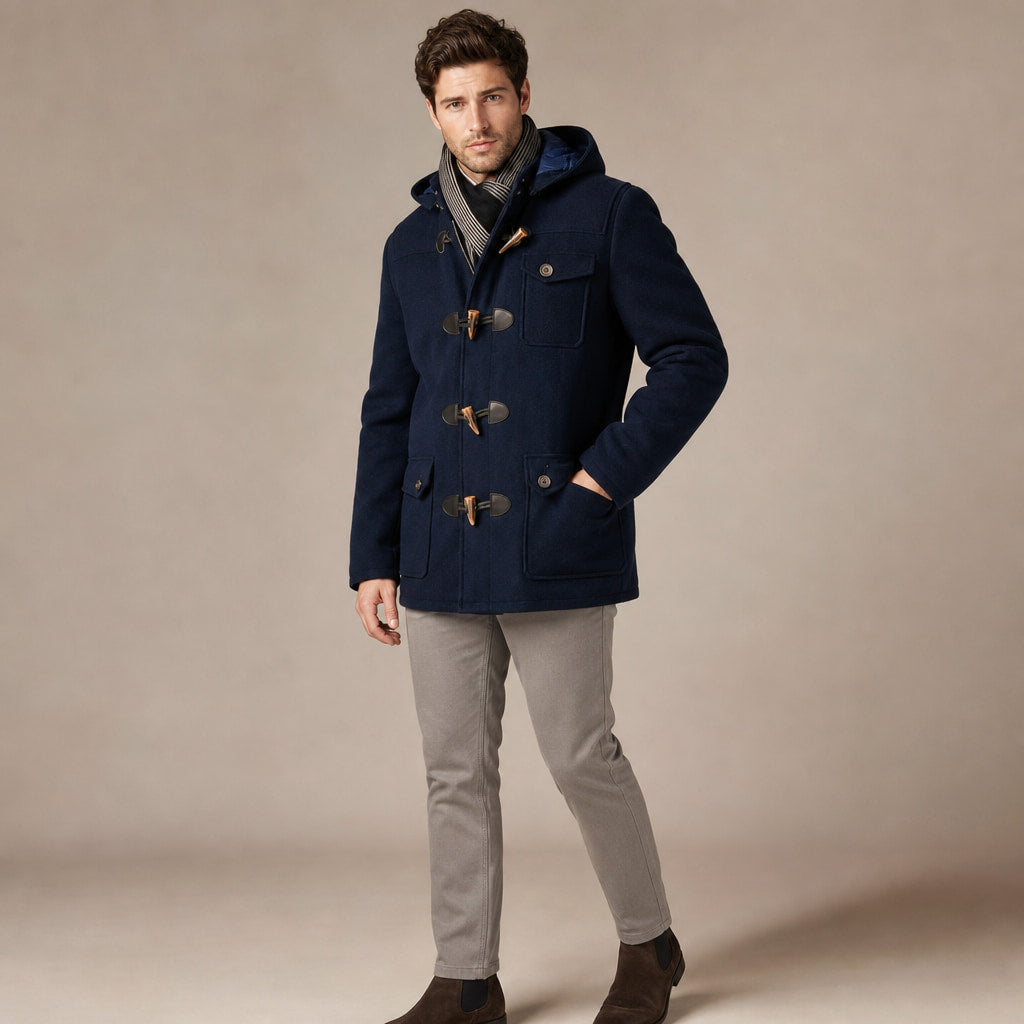 Duffle Coat Hooded Wool Blend Navy Blue / Navy – Side Angle View
