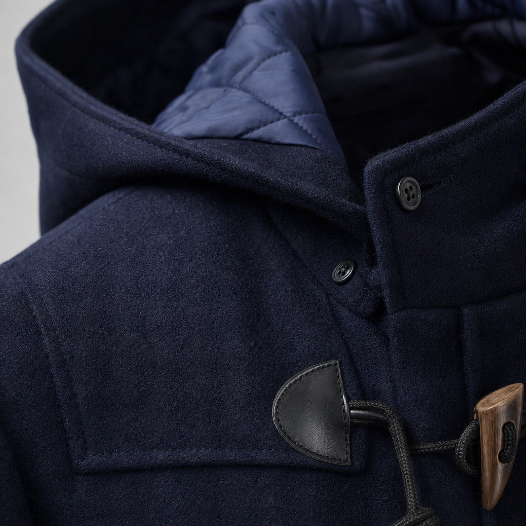 Duffle Coat Hooded Wool Blend Navy Blue / Navy – Fabric and Detail Close-Up