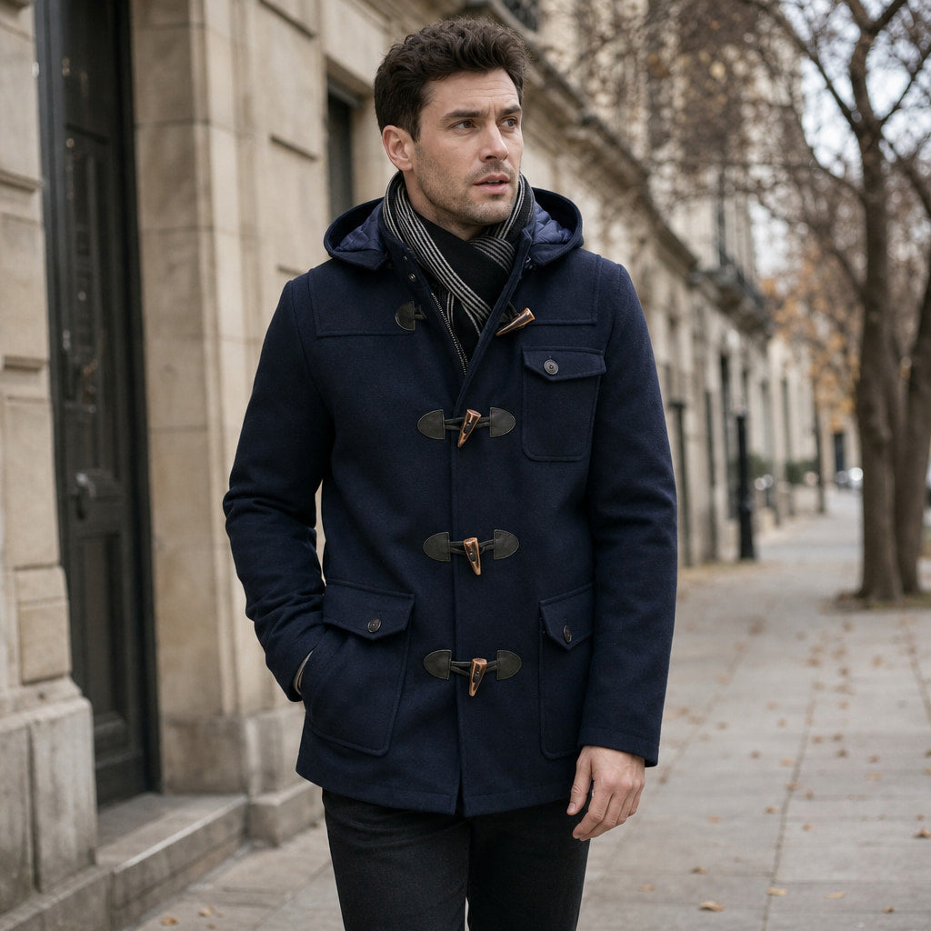 Duffle Coat Hooded Wool Blend Navy Blue / Navy – Styled Editorial Shot