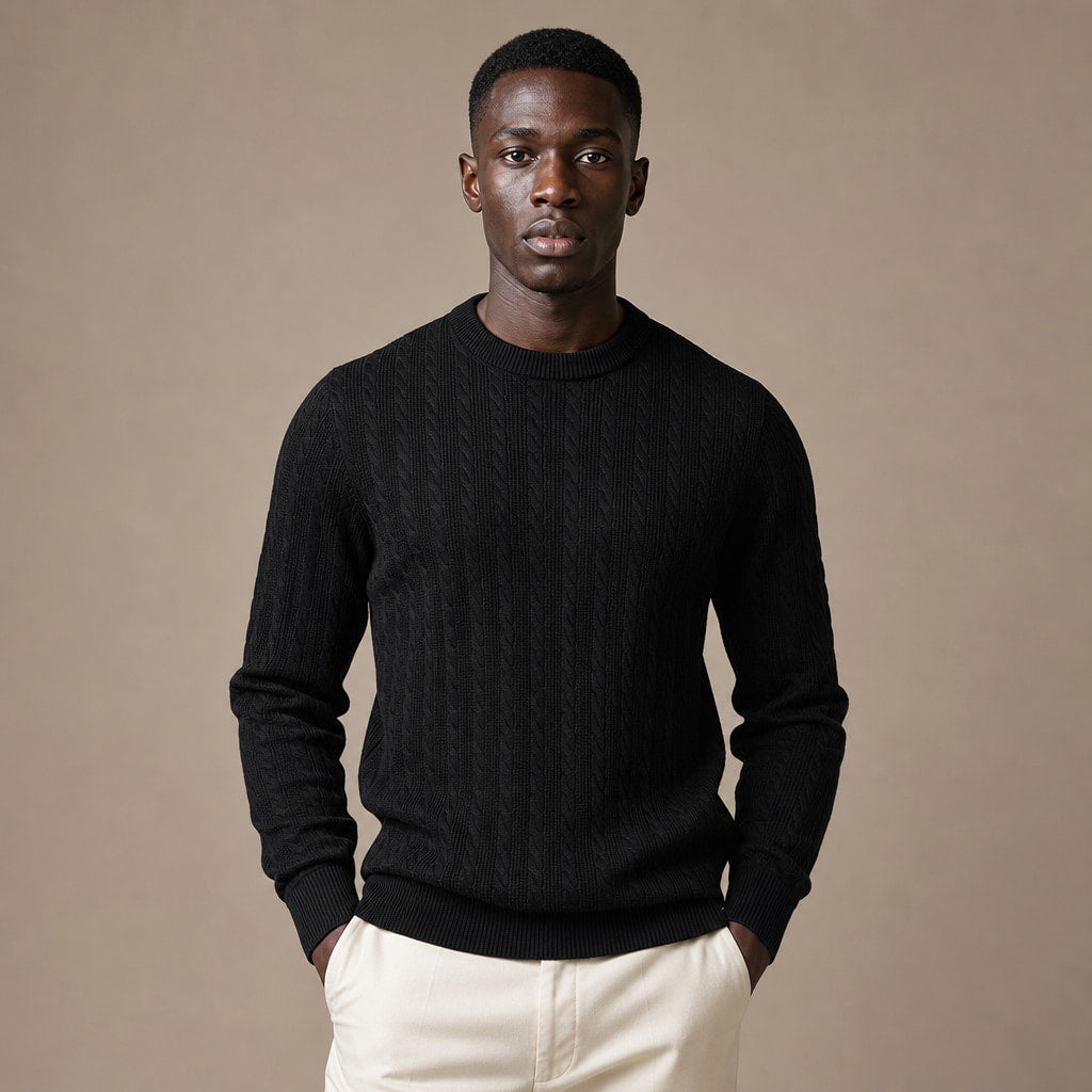 Crew Neck Sweater Stripe Jacquard in Black – Tomosino Premium Menswear