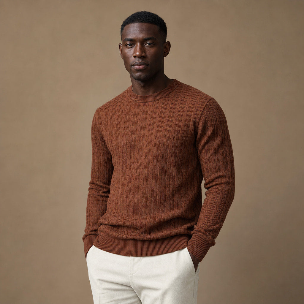 Crew Neck Sweater Stripe Jacquard Coffee – Product Photo