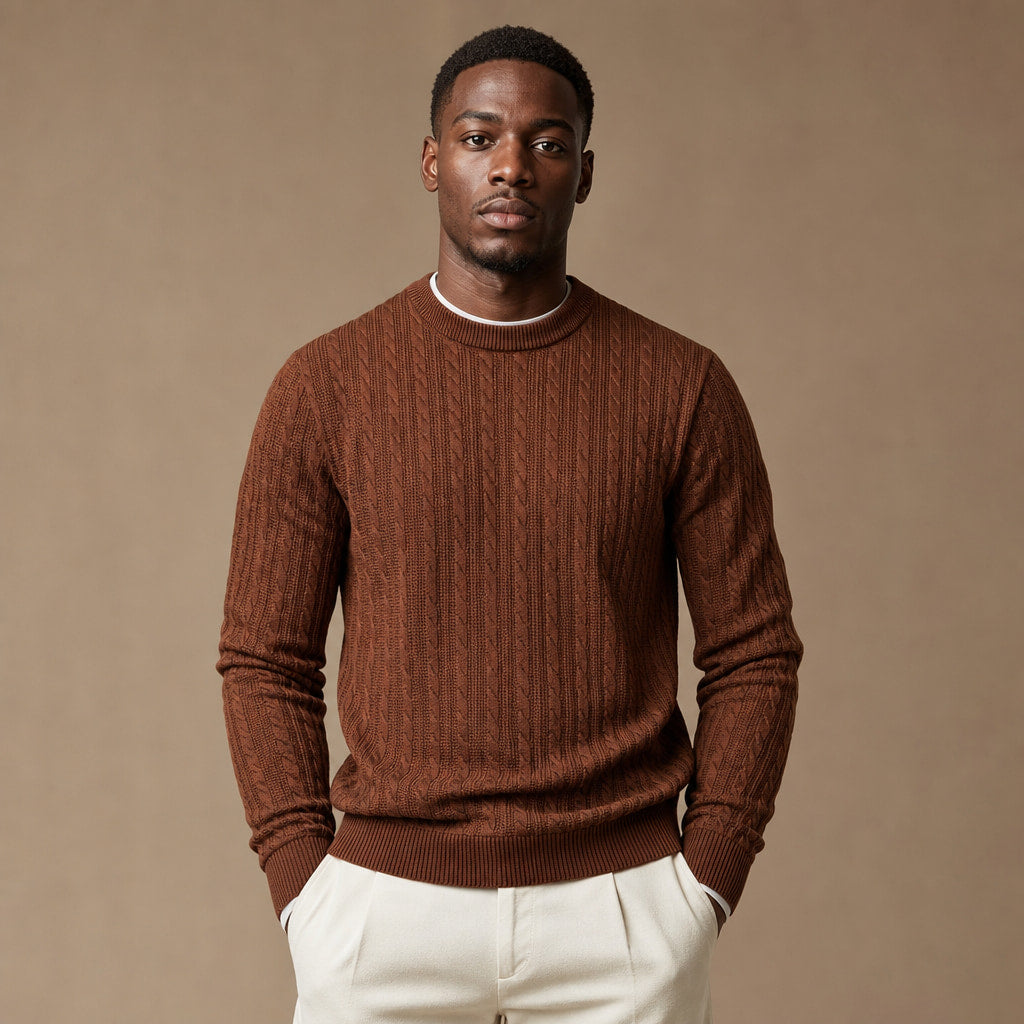 Crew Neck Sweater Stripe Jacquard in Coffee – Tomosino Premium Menswear
