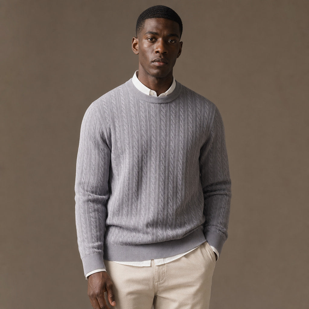 Crew Neck Sweater Stripe Jacquard in Grey – Tomosino Premium Menswear