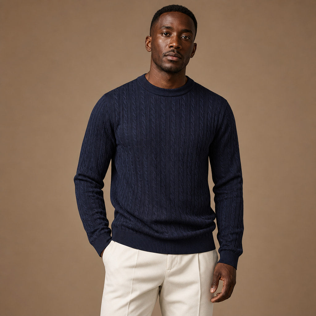 Crew Neck Sweater Stripe Jacquard Navy – Product Photo