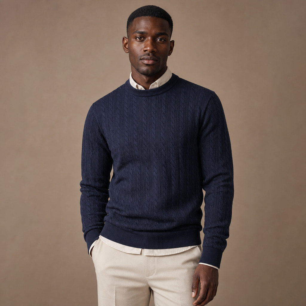 Crew Neck Sweater Stripe Jacquard in Navy – Tomosino Premium Menswear