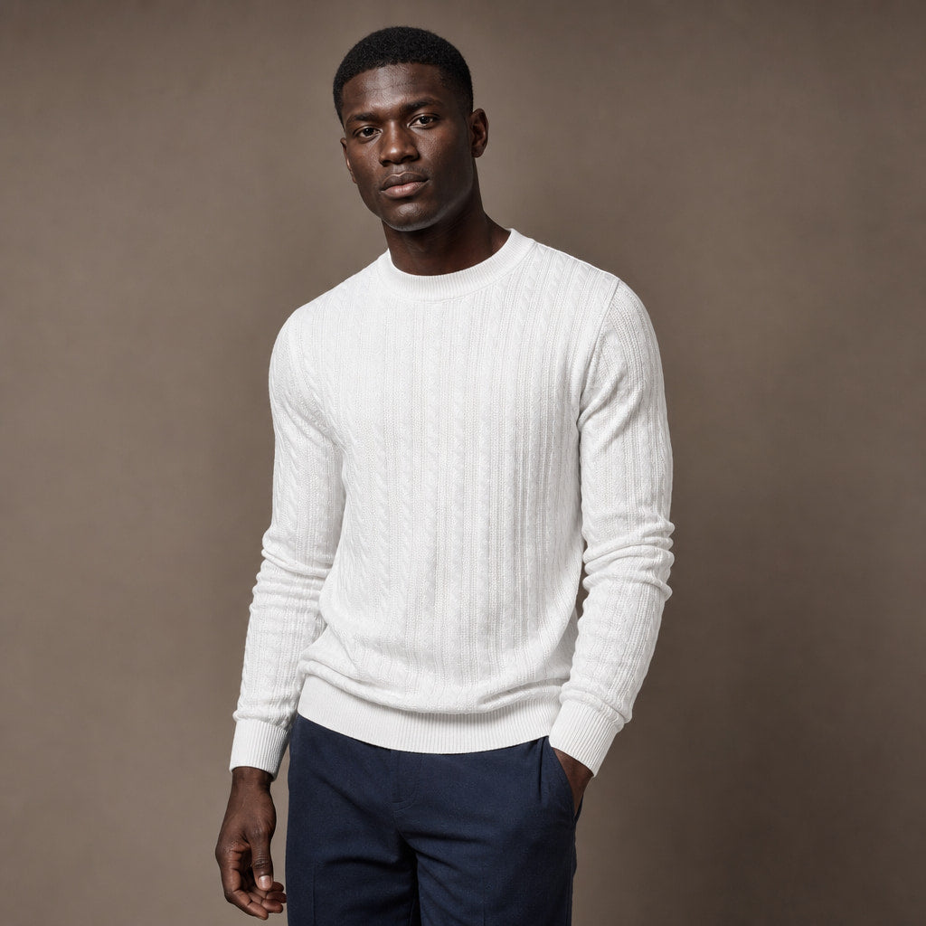 Crew Neck Sweater Stripe Jacquard White – Side Angle View