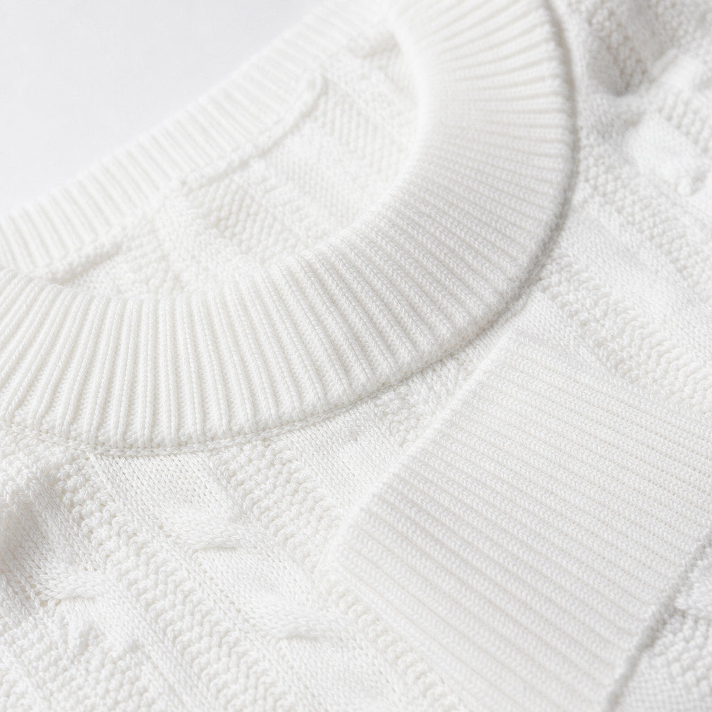 Crew Neck Sweater Stripe Jacquard White – Fabric and Detail Close-Up
