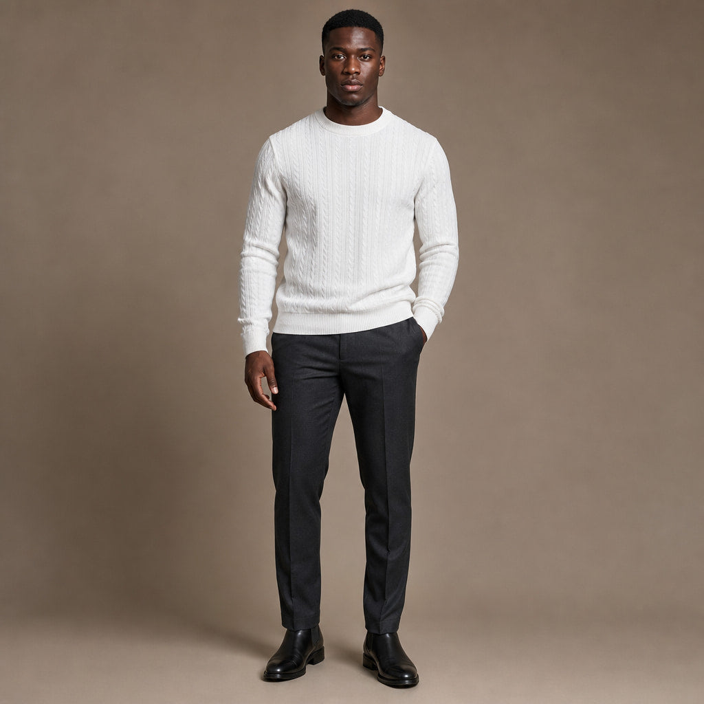 Crew Neck Sweater Stripe Jacquard White – Full Look