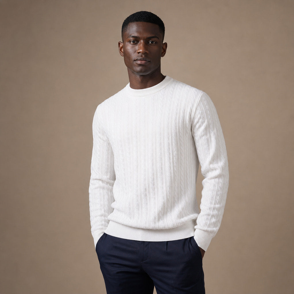 Crew Neck Sweater Stripe Jacquard White – Product Photo