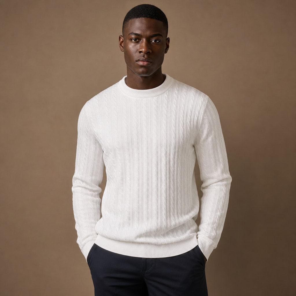 Crew Neck Sweater Stripe Jacquard in White – Tomosino Premium Menswear