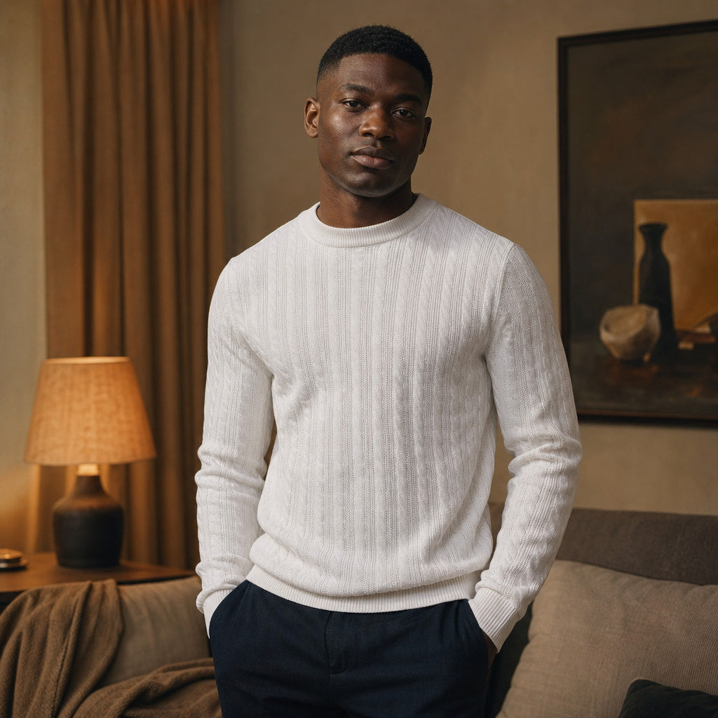 Crew Neck Sweater Stripe Jacquard White – Styled Editorial Shot