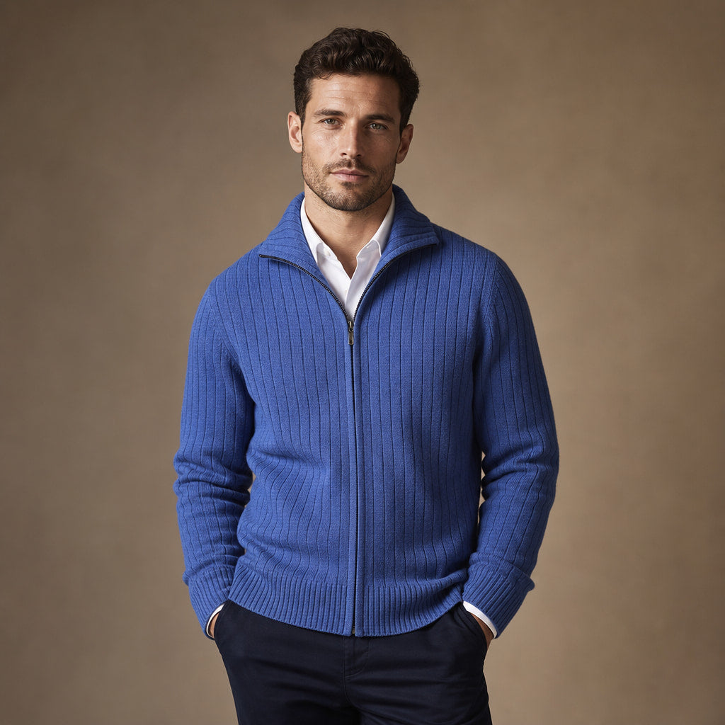 Cardigan Merino Wool Stand Collar Full Zip in Blue – Tomosino Premium Menswear