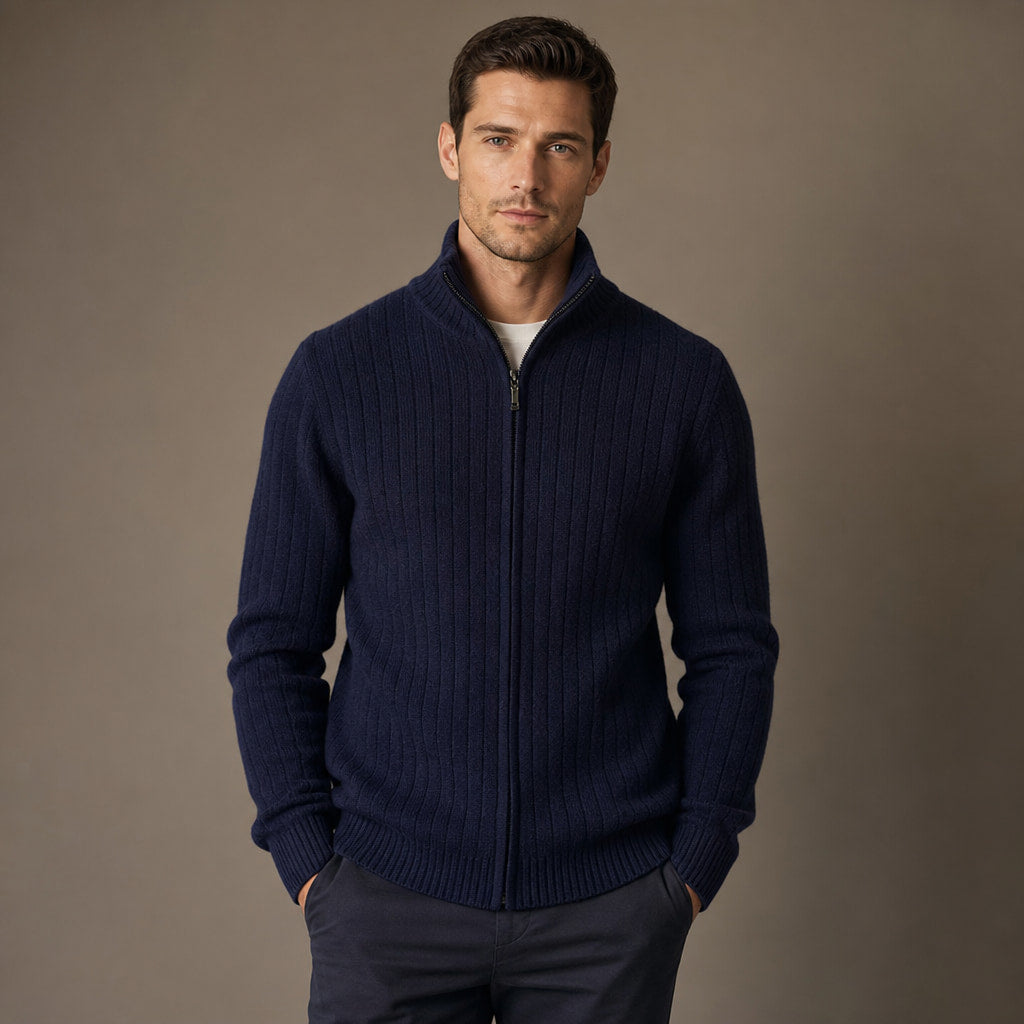 Cardigan Merino Wool Stand Collar Full Zip in Dark Blue – Tomosino Premium Menswear