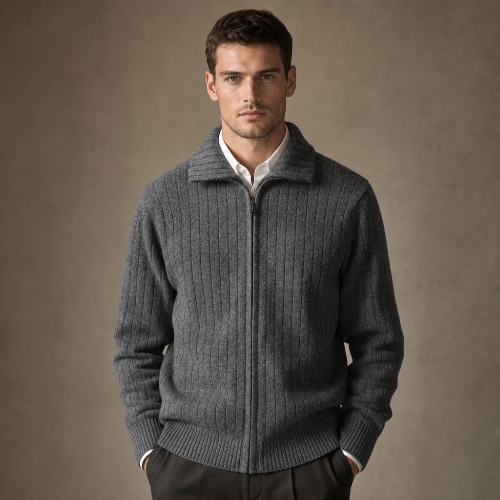 Cardigan Merino Wool Stand Collar Full Zip in Dark Gray – Tomosino Premium Menswear