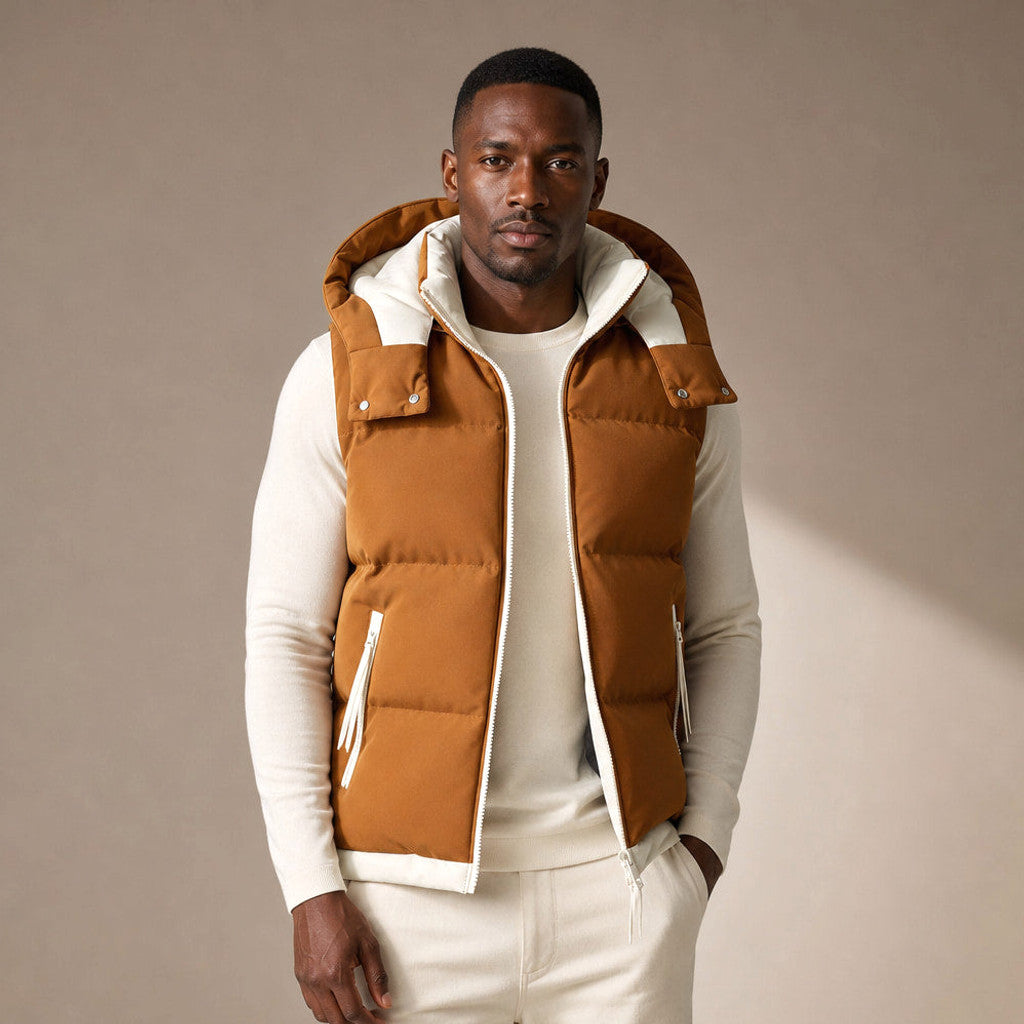 Barsex | Puffer Vest Detachable Hood Insulated in Khaki – Premium Editorial