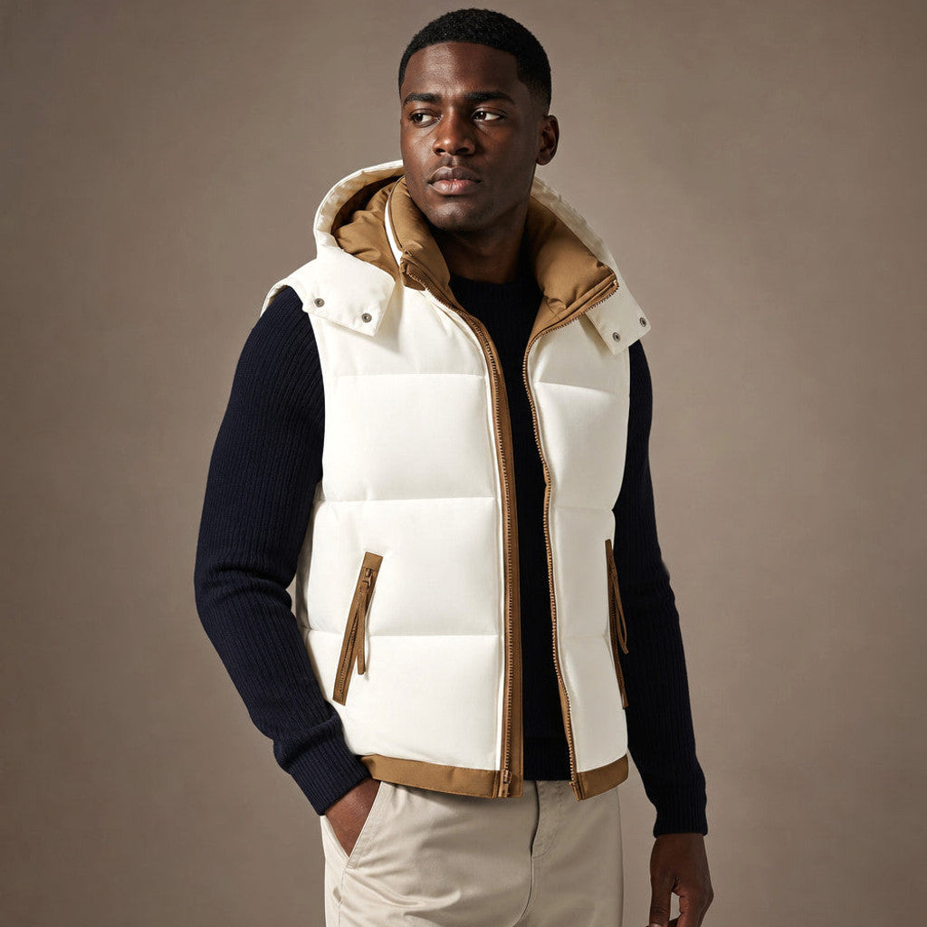 Barsex | Puffer Vest Detachable Hood Insulated White – Side Angle View