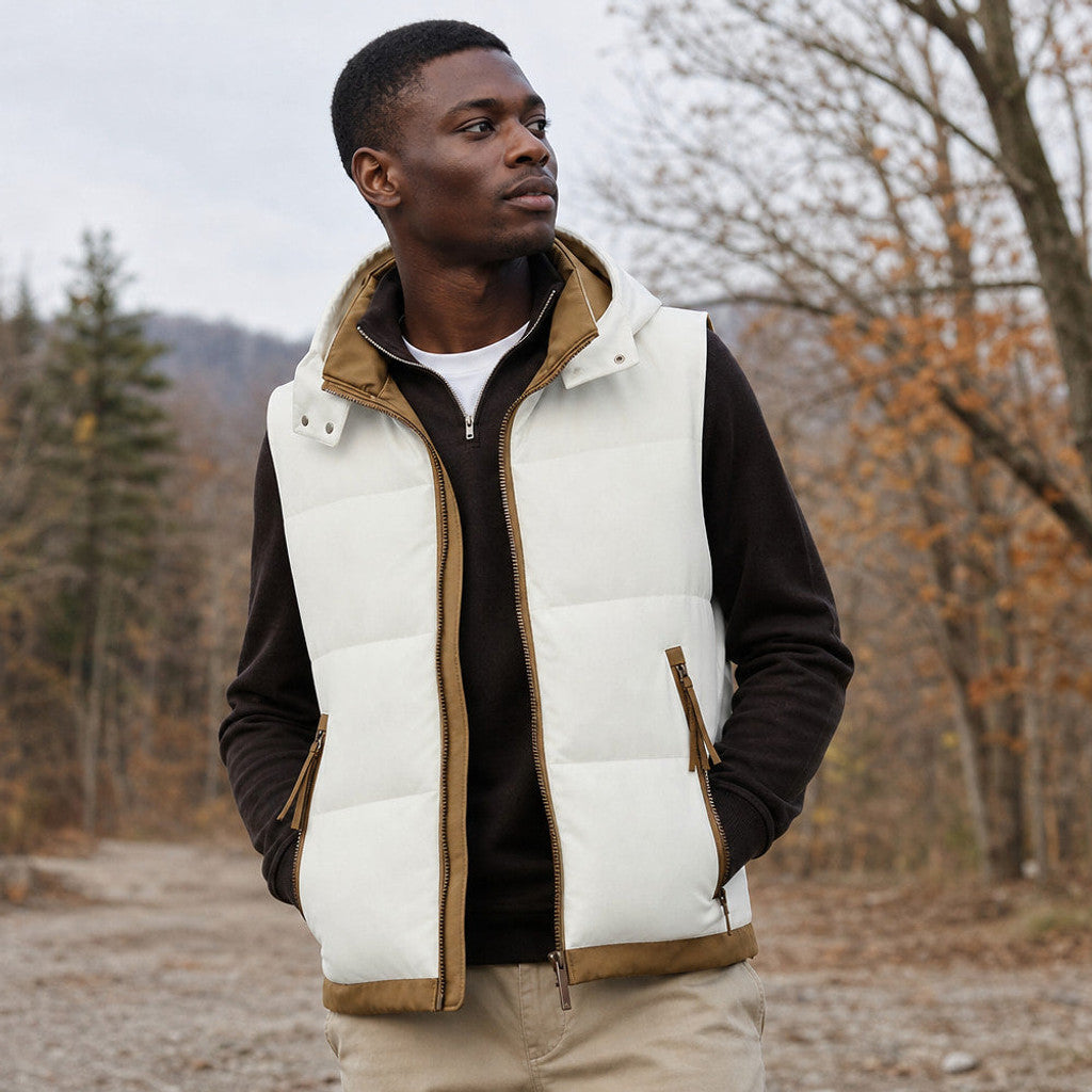 Barsex | Puffer Vest Detachable Hood Insulated White – Styled Editorial Shot